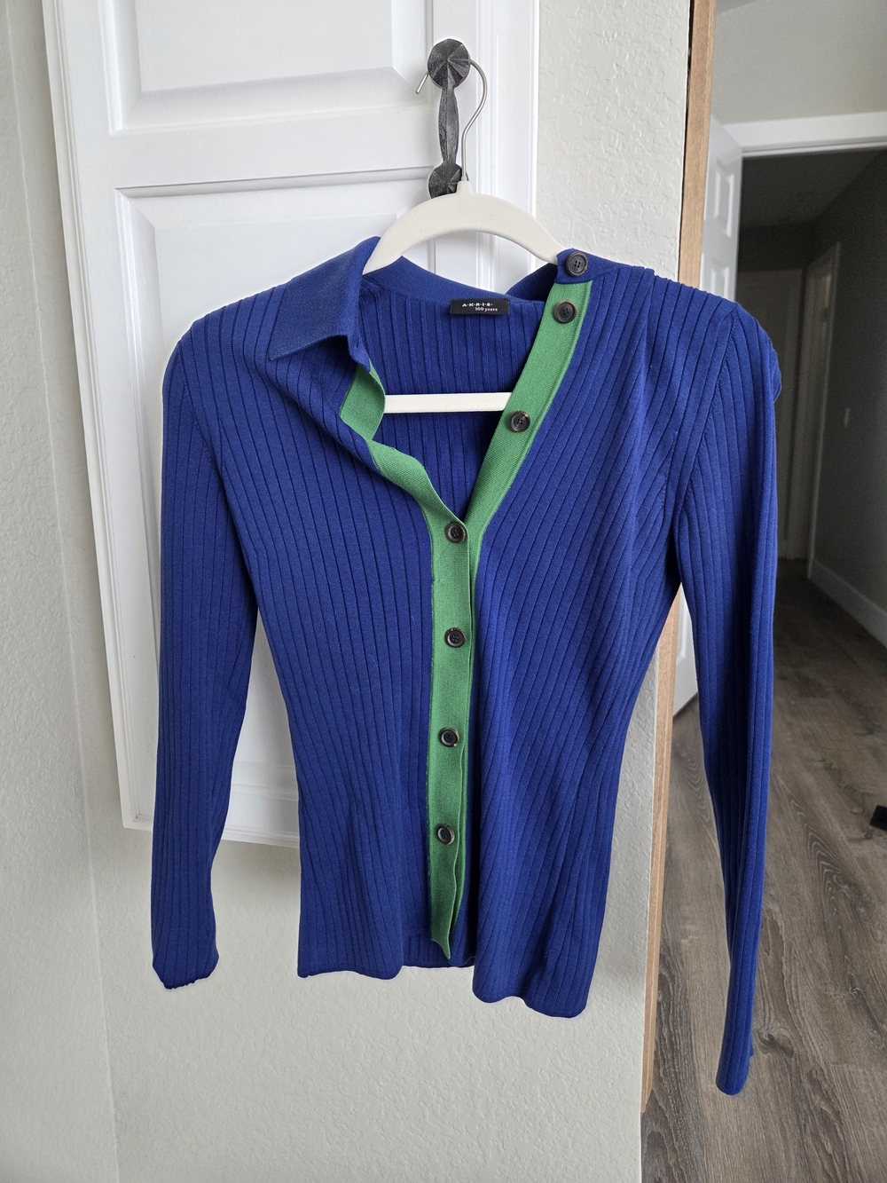 Akris Cobalt Blue Ribbed Cardigan with Green Button Placket